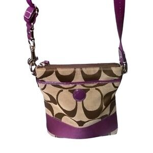 Coach Signature Stripe File Bag Monogram Canvas Purple Leather Crossbody Bag